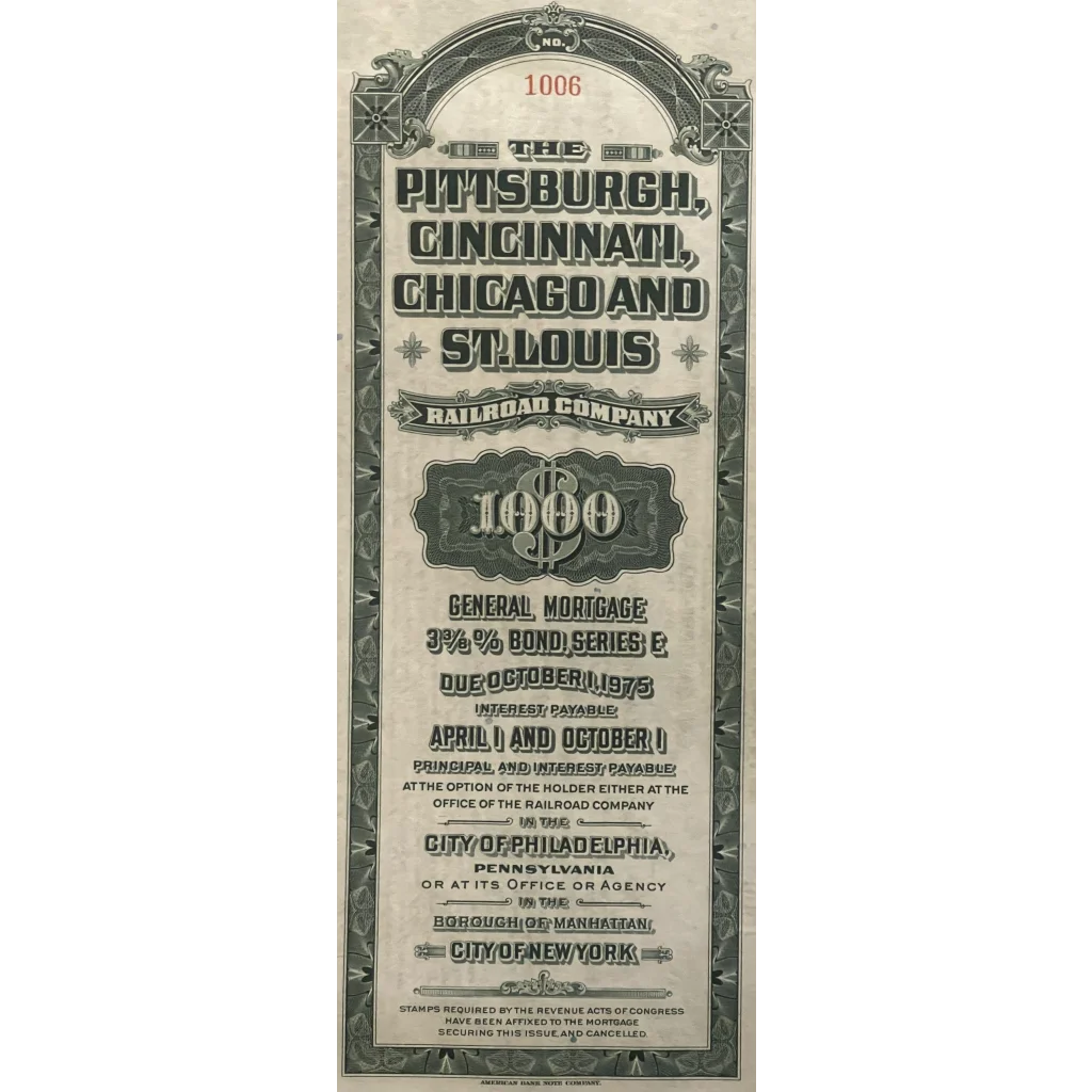 Vintage 1944 Pittsburgh Cincinnati Chicago St. Louis Railroad Gold Bond Certificate Advertisements and Antique Gifts