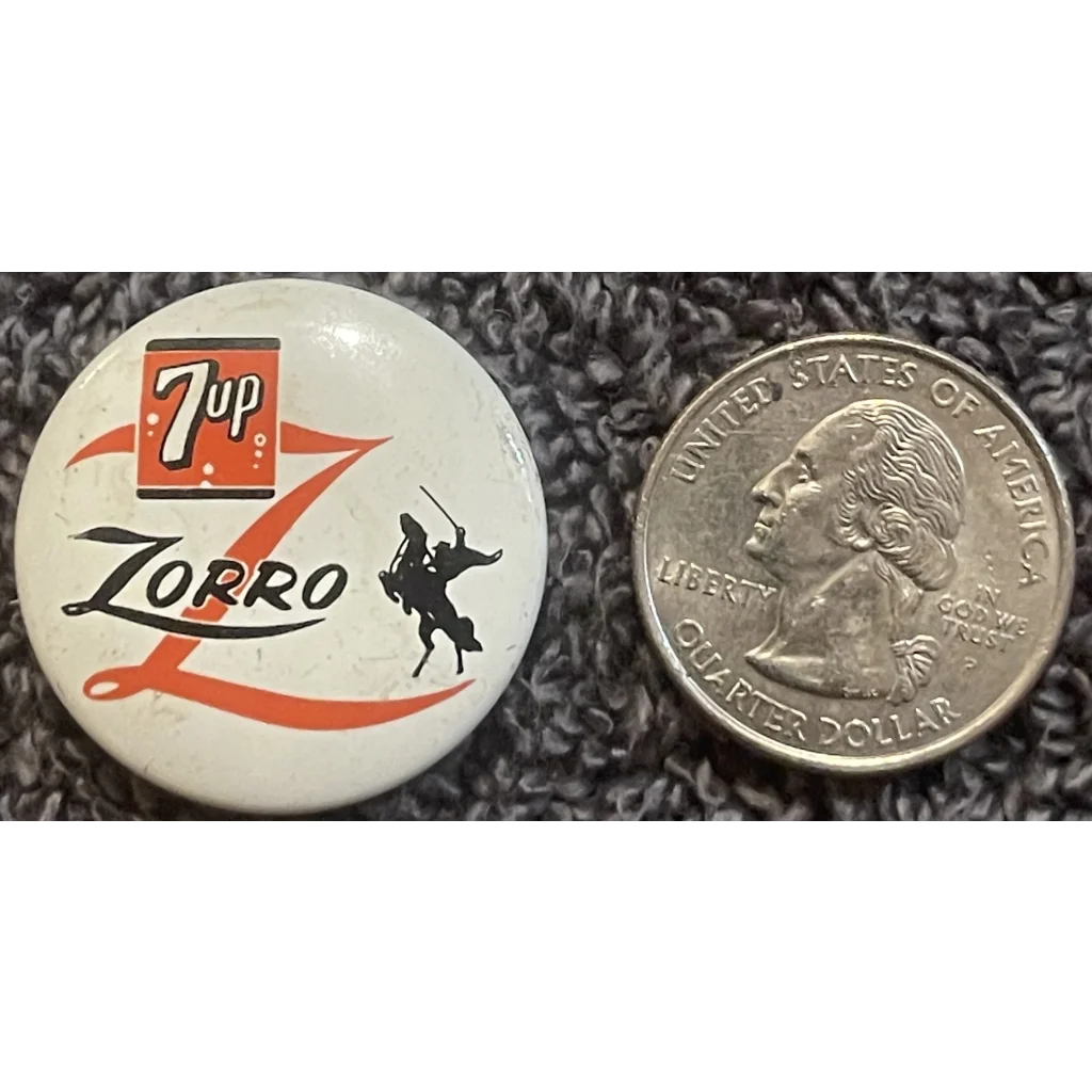 Vintage 1957 Walt Disney 7 UP Zorro Pin Pinback TV Memorabilia Advertisements Antique Soda and Beverage Rare - Nostalgic
