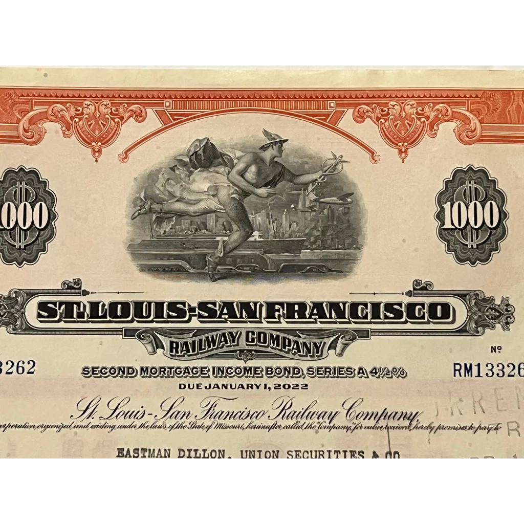Vintage 1963 St. Louis San Francisco Railway Co. Gold Bond Certificate Advertisements Antique Stock and Certificates