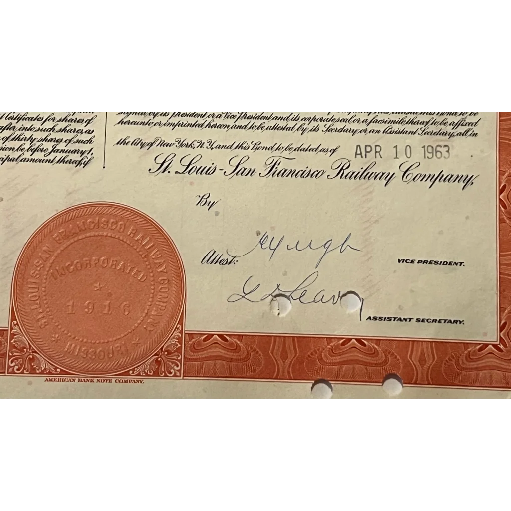 Vintage 1963 St. Louis San Francisco Railway Co. Gold Bond Certificate Advertisements Antique Stock and Certificates