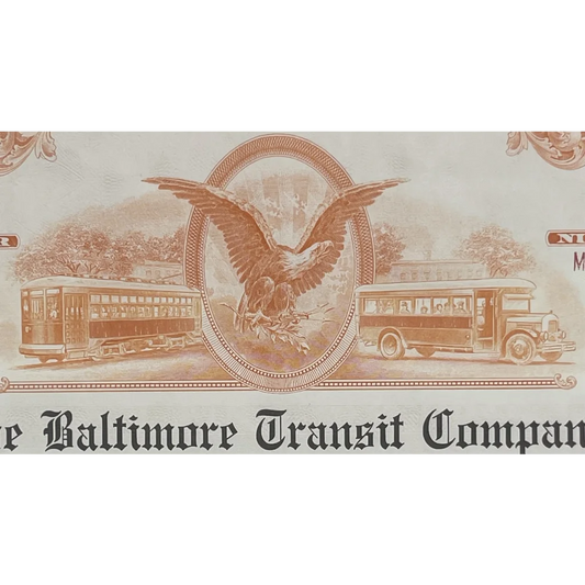 Vintage 1966 Baltimore Transit Co. Gold Bond Certificate Streetcar Memories! Advertisements Antique Stock