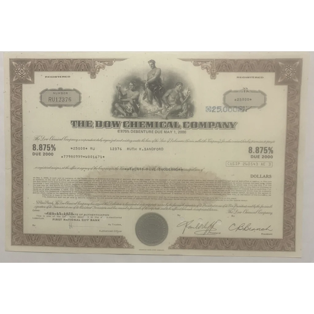 Vintage 1970s Dow Chemicals Stock Certificate - Brown - American Icon! Collectibles Antique and Bond Certificates