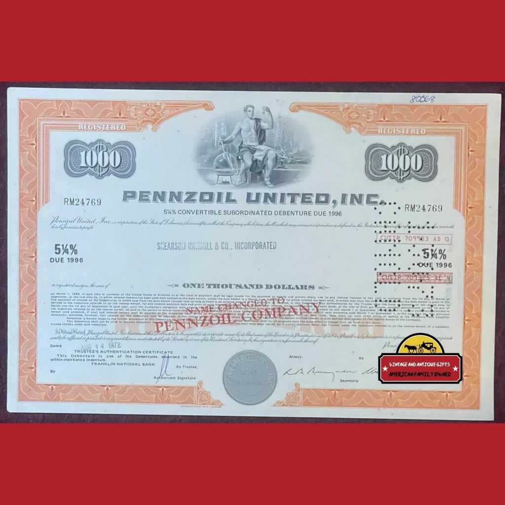 Vintage 1970s Pennzoil Stock Certificate American Owned 1913-2022 Rip Advertisements Antique and Bond Certificates Rare
