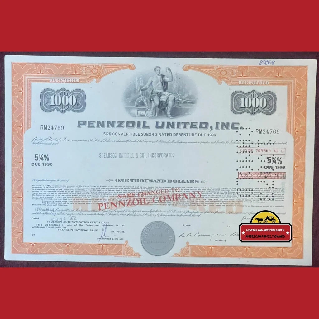 Rare 1970s Pennzoil Stock Certificate showcasing $1000 value and American history