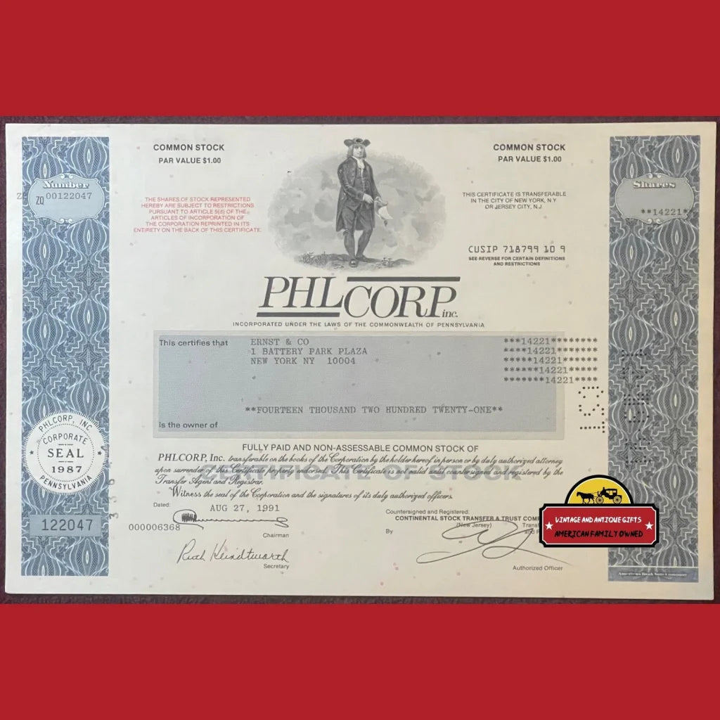Vintage 1980s And 1990s Phlcorp Inc. Stock Certificate Pa Benjamin Franklin Advertisements Antique and Bond