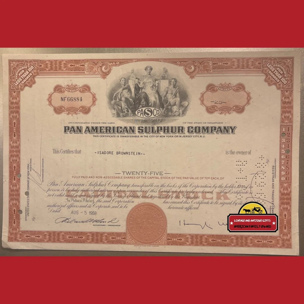 Vintage Pan American Sulphur Co. Stock Certificate Delaware 1960s Brown Advertisements Antique and Bond Certificates