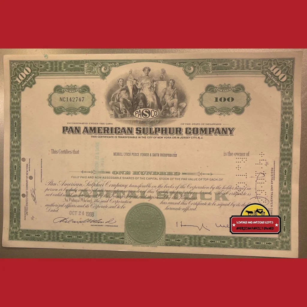 Vintage Pan American Sulphur Co. Stock Certificate Delaware 1960s Green Advertisements Antique and Bond Certificates
