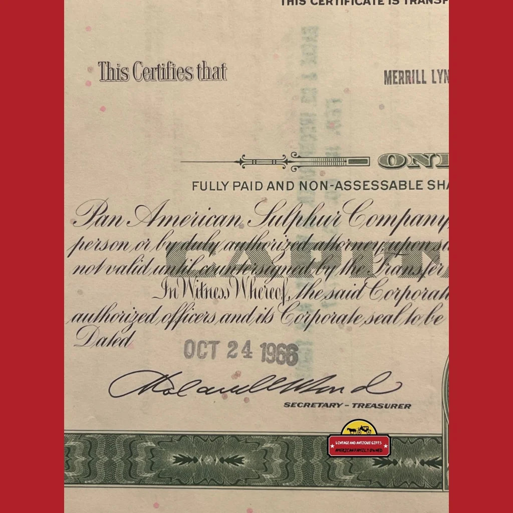 Vintage Pan American Sulphur Co. Stock Certificate Delaware 1960s Green Advertisements Antique and Bond Certificates