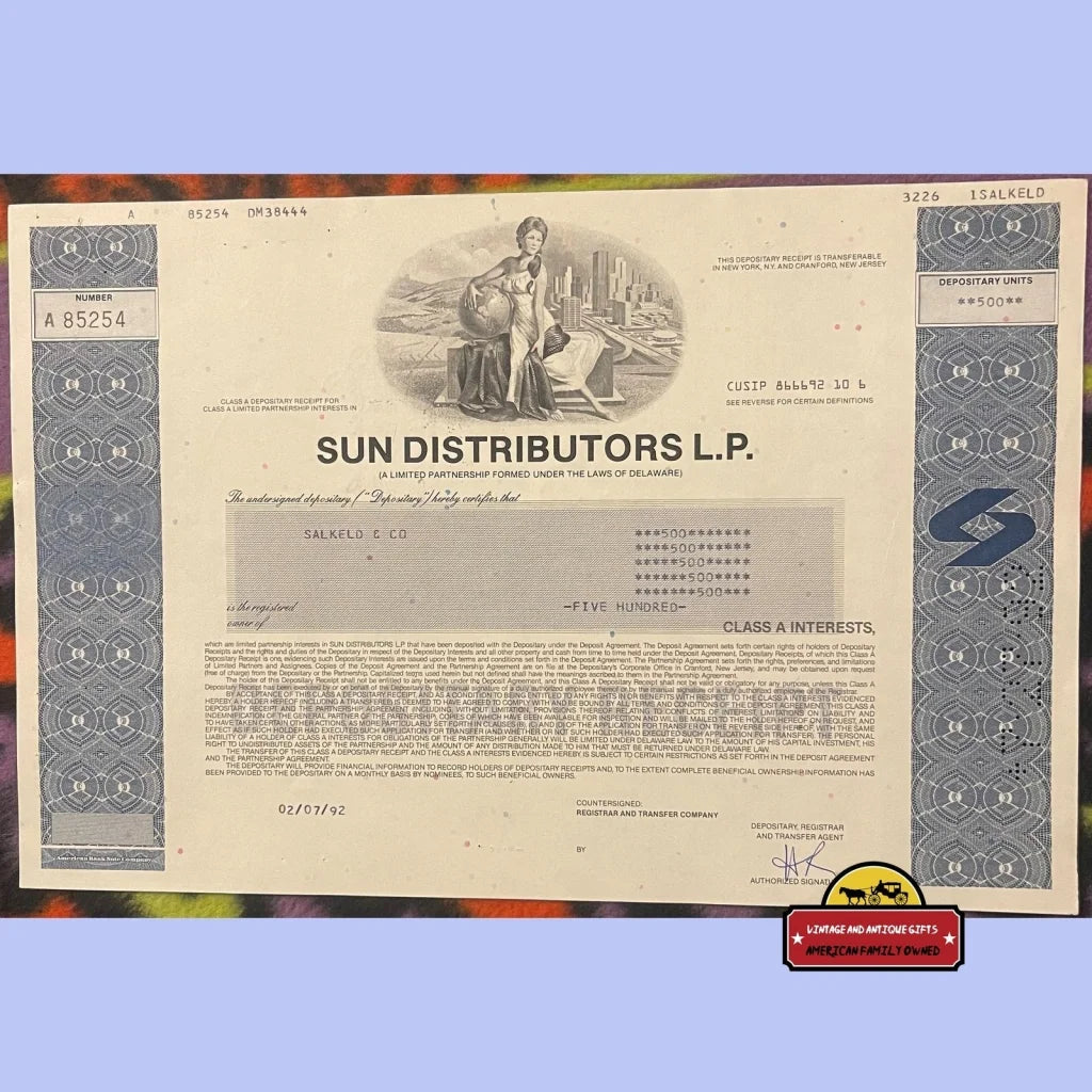 Vintage Sun Distributors Stock Certificate a Started By Sunoco American Oil And Gas 1990s - Advertisements - Antique