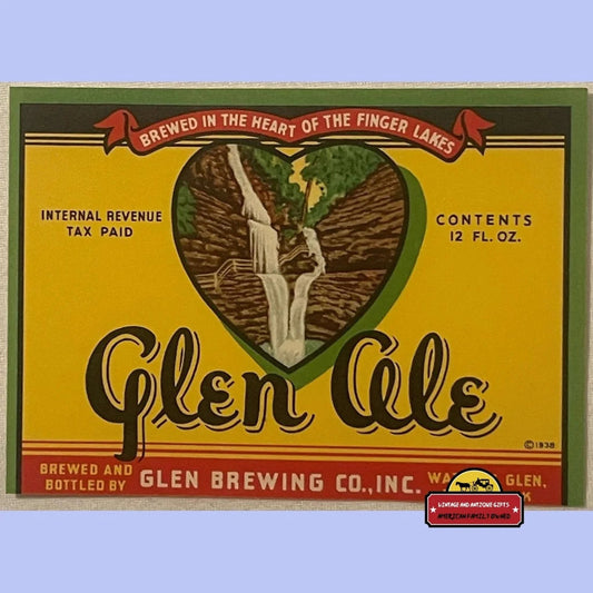 Vintage Glen Ale Label Watkins Ny Brewing Co. 1937 - 1940 Advertisements Antique Beer and Alcohol Memorabilia Rare
