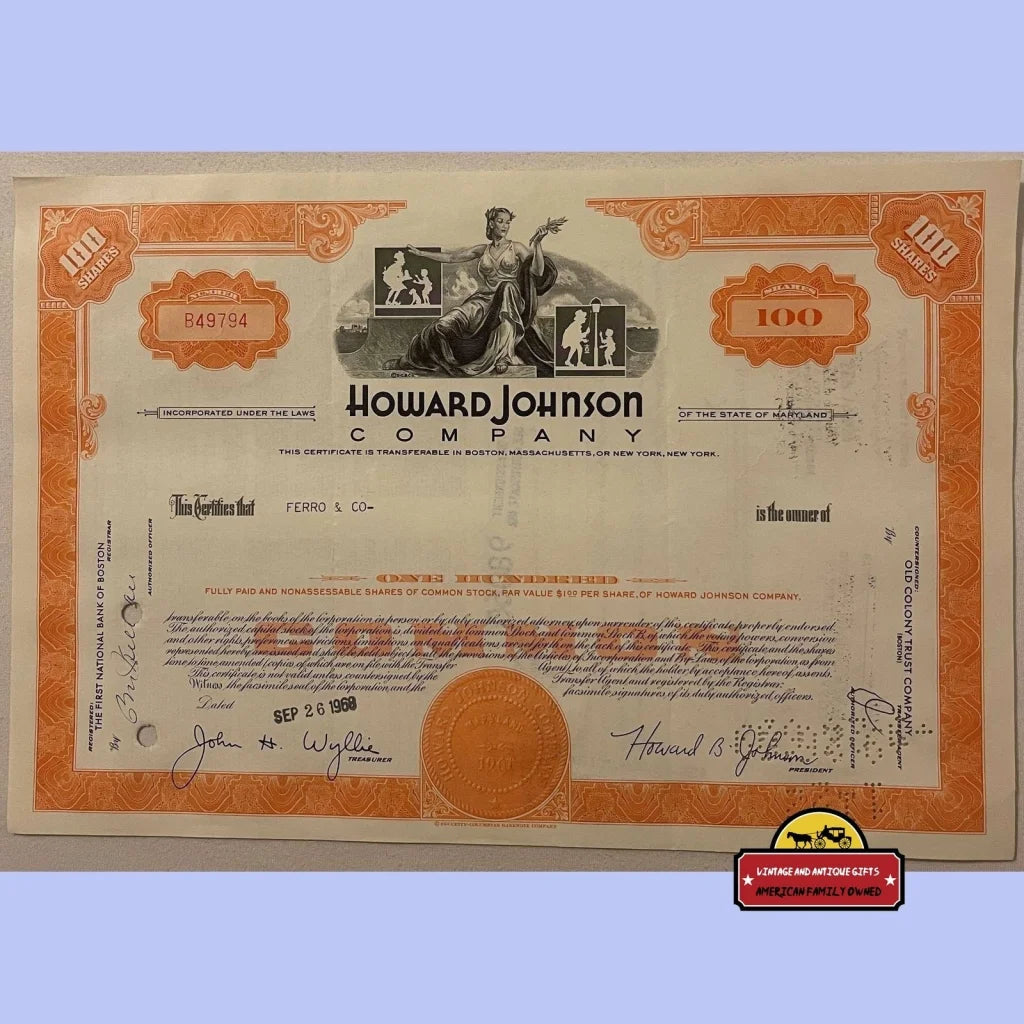 Vintage Howard Johnson Hojo Stock Certificate 1960s Extinct American Icon Rip 2021 Advertisements Antique and Bond