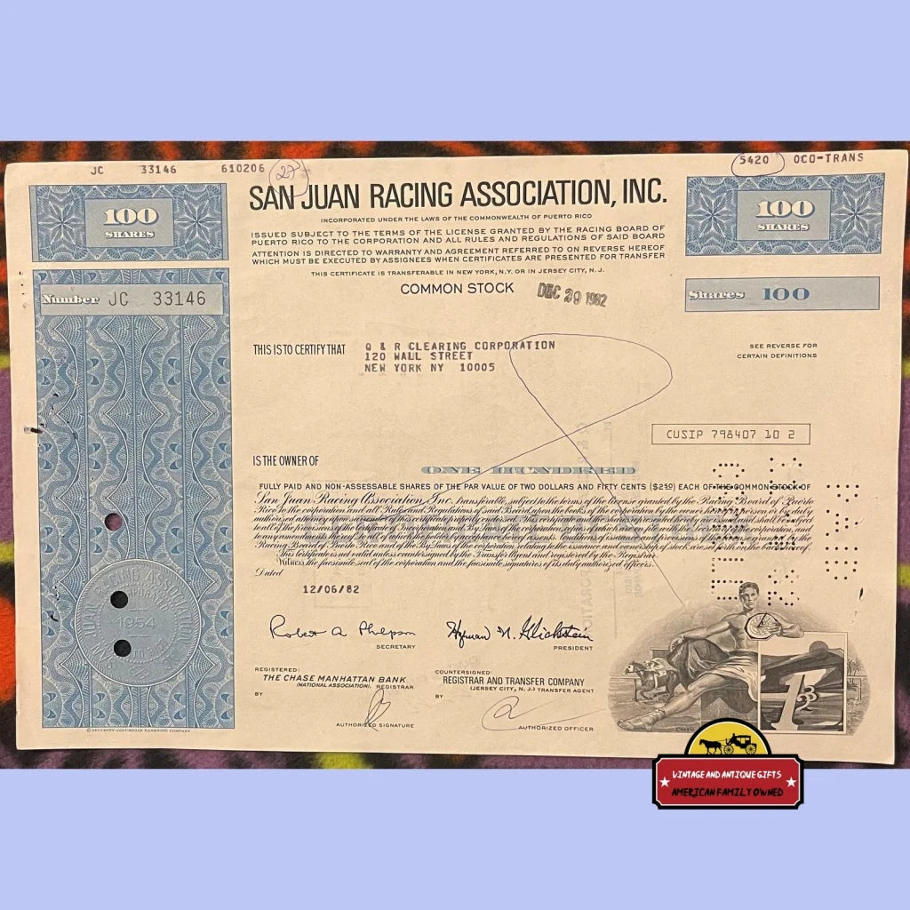 Vintage San Juan Racing Stock Certificate 100 Shares Coca Cola Coke Horse 1980s - Advertisements - Antique Certificates.