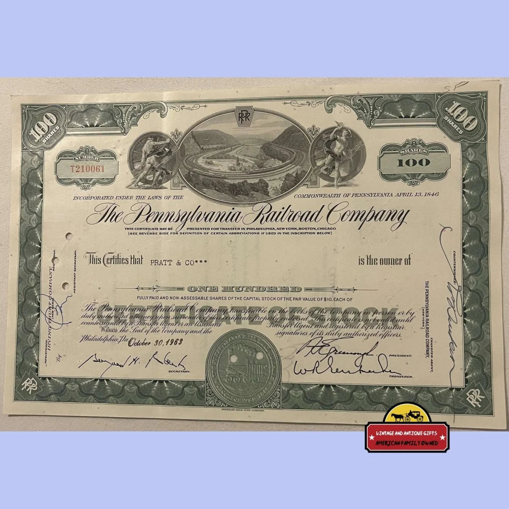 Vintage Monopoly Stock Certificate Pennsylvania Railroad Green 100 Shares 1950s - 1960s - Advertisements - Antique