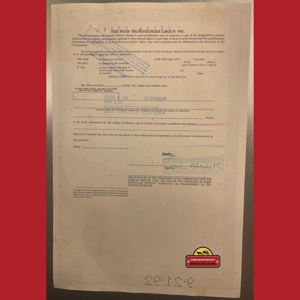 Vintage Peak Technologies Group Stock Certificate Delaware 1990s Dot - com Crash Victim Advertisements Antique and Bond