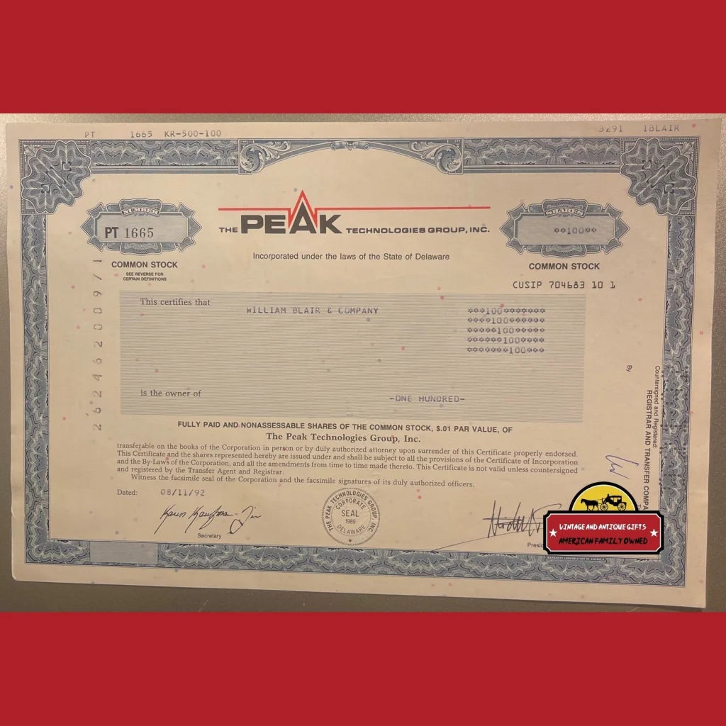 Vintage Peak Technologies Group Stock Certificate Delaware 1990s Dot-com Crash Victim Advertisements Antique and Bond