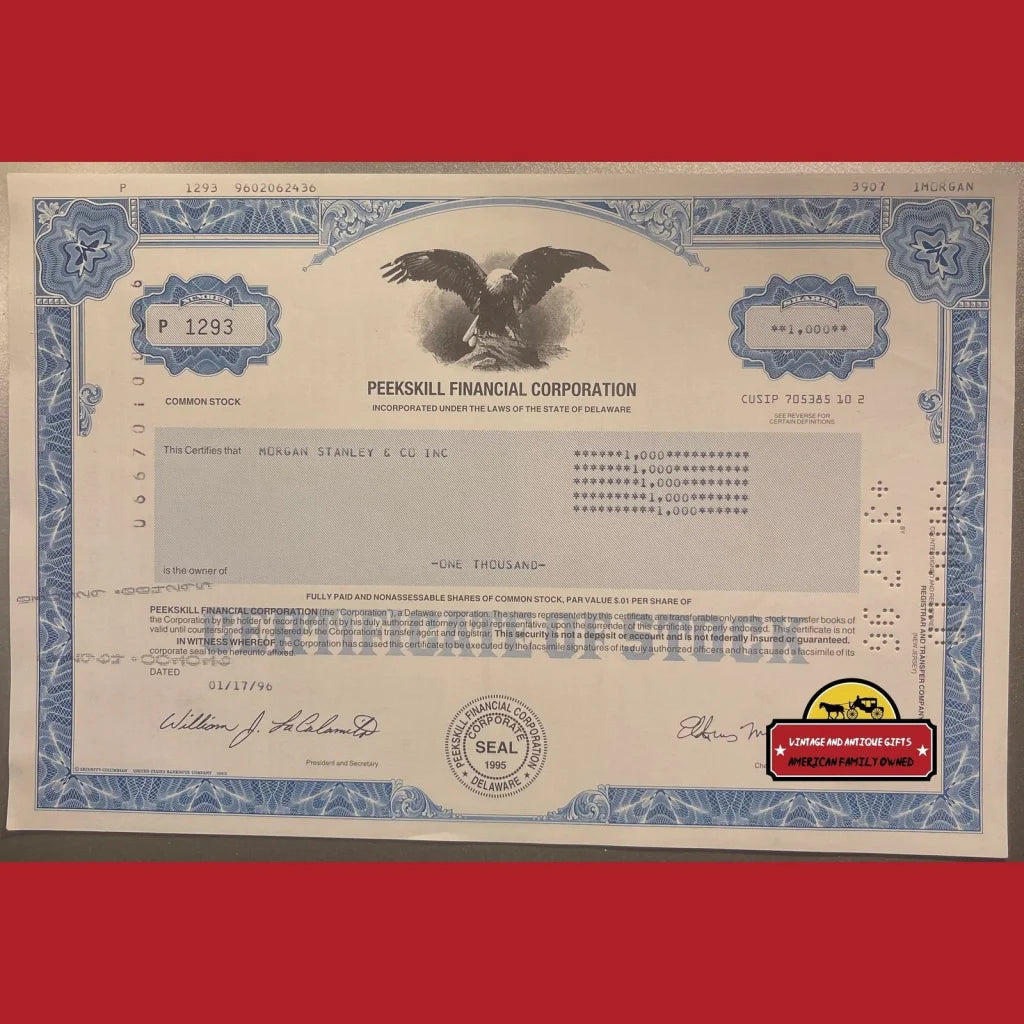 Vintage Peekskill Financial Co. Stock Certificate Ny Nj 1990s Baltimore Ravens Buffalo Bills Sponsor Advertisements
