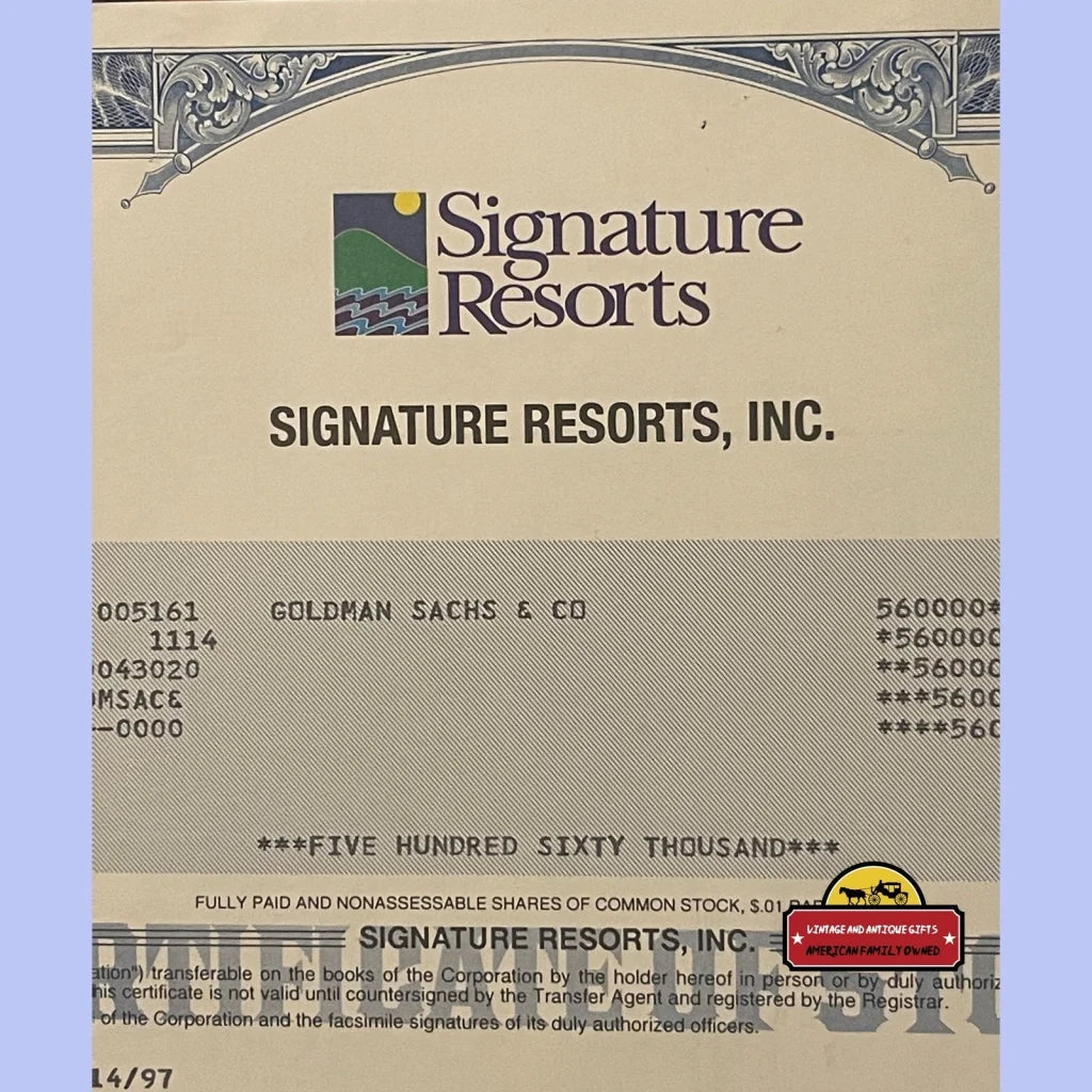 Vintage Signature Resorts Stock Certificate Worlds Largest Vacation Company 1997 - Advertisements - Antique