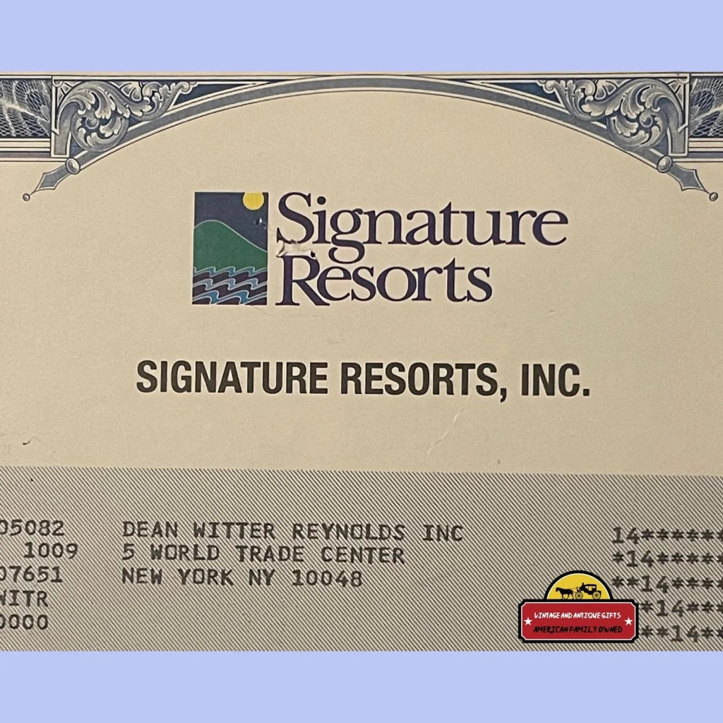 Vintage Signature Resorts Stock Certificate Worlds Largest Vacation Company 1997 - Advertisements - Antique