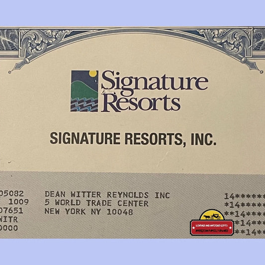 Vintage Signature Resorts Stock Certificate Worlds Largest Vacation Company 1997 Advertisements Antique and Bond