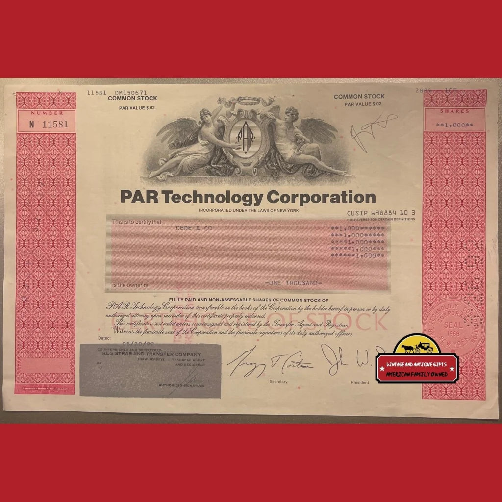 Vintage Par Technology Corp. Stock Certificate 1990s Mcdonalds Arby’s Dept. Of Defense Advertisements Antique
