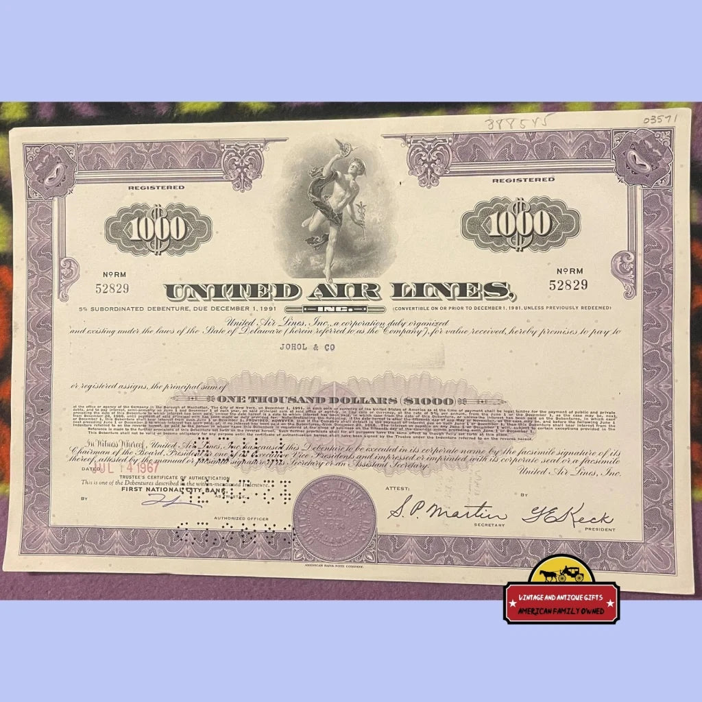 Vintage United Air Lines Stock Certificate 1000 Shares Chicago Il Boise Id 1960s Advertisements Antique and Bond